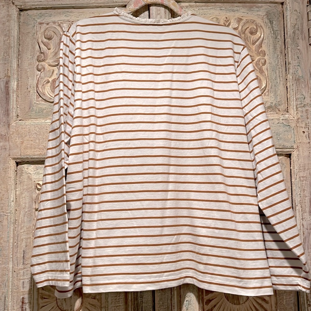 EUC J.Crew Factory Tan and White Striped Ruffle Neck Henley /3X/ - Picture 6 of 6